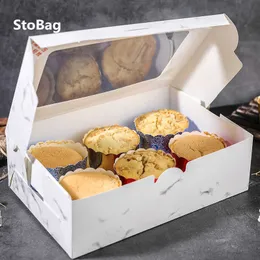 Stobag 10 sztuk Cupcake Box z okna Chleb Cake Pudełka i opakowania Patisserie Wedding Birthday Party Cookies Baby Shower DIY 210724