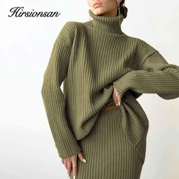 Hirsionsan elegante conjuntos de malha mulheres casuais duas peças tartaruga pescoço suéter e midi saia feminina ternos quentes com saia 211119