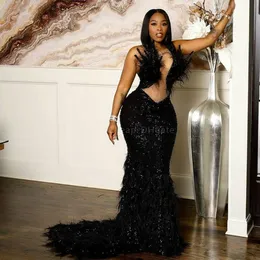 2021 Plus Size Arabic Aso Ebi Black Mermaid Sequined Prom Dresses Sheer Neck Feather Luxurious Evening Formal Party Second Reception Gowns Dress ZJ394