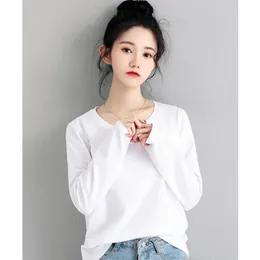 Czysta bawełniana biała koszulka Han Edition Luźne kobiety z długim rękawem wcześnie jesień strój cienki render nierówny górny odzież do pokrycia 210623