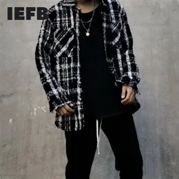 IEFB /ビンテージメンズクローシングブラックホワイトストライププリントウールシャツ男性のファーマーの特大の緩いトップス9Y2822 210524