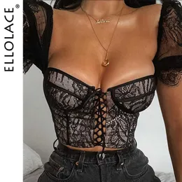 Ellosla Sexig Crop Top Short Sleeve T-shirt Kvinnor Lace Up Underkläder Toppar Kvinna Sexig Vintage Sexig Sommar Tee Partihandel X0628