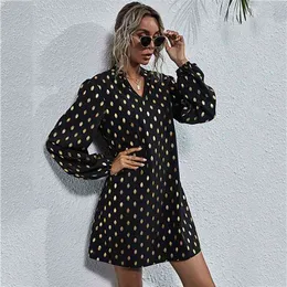 Gold Polka Dot Długą rękaw Sukienka Kobiety Wiosna Jesień Czarny Casual Krótki Luźny V Neck Koszula ES 210427