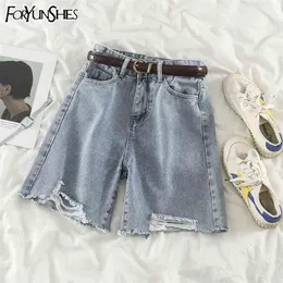 Foyyunshe Denim Spodenki Ripped Jeans High Waist Otwory Burn Vintage Casual Proste Krótkie spodnie Letni Koreański 210809