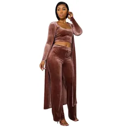 Women Golden Velvet Two Piece Pants Fashion Trend Crop Tops Wide Leg Pants Vest Cloak Tracksuits Designer Female Autumn Casual Solid Sets