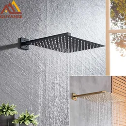 Matte Black Gold Shower Faucets 8/10/12 Rainfall Ultrathin Head With Wall Mounted Arm Bathroom Accessories 210724