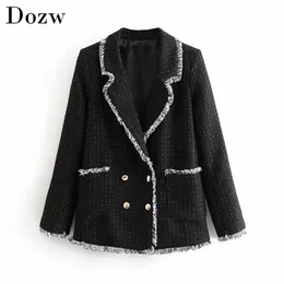 Fashion Double Breasted Plaid Blazers Women Tassel Decorate Elegant Suit Notched Neck Chic Black Jacket Lady Chaqueta Mujer 210515