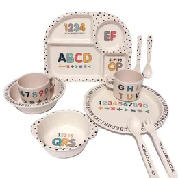 5 pcs/Set Children's Feeding Bowl Bamboo Fiber Food Grade Resin Anti-drop Baby Cup Fork Spoon Grid Plate & Tableware Set G1210