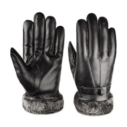 Fem fingrar handskar läder päls fårskinn mode män vinter höst varm termisk ull fleece snö vantar utomhus finger handled
