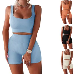 Summer Women's Ribbed Tracksuits Vest Sports Two-piece Set Umbilical Tank Tops Lady High Waist Yoga Shorts Clothing Size S-XL