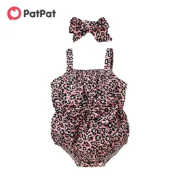 Arrival 2-piece Baby Leopard Bowknot Strappy Romper with Headband Set 210528