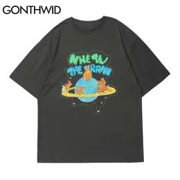 Gonthwid Teesメンズプラネットラビットプリントストリートウェアヒップホップ原宿カジュアルTシャツファッション夏半袖コットントップ210629