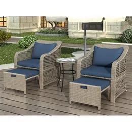 5-piece Outdoor Conversation Set Patio Furniture Set Bistro Rattan Wicker Chairs with Stools and Tempered Glass Table US stock a48