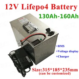 Lifepo4 12V 130Ah 140Ah 150Ah 160Ah lithium battery pack with bms for solar storage ups EV RV caravan motor home+10A charger