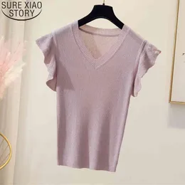 Plus Size XL-4XL Tank Top Women Fashion Lotus Sleeve Summer Bright Yarn V-neck Thin Knitted Vest Loose Blusas 13633 210417