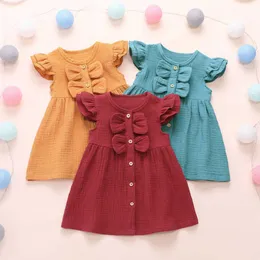 2021 Letnia Linowa Dreeses Solid Bowknot Potargowana Princess Casual Sukienka Ubrania Dla Dzieci Baby Girl Princess Dress Q0716