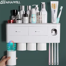 Ahawill歯ブラシホルダー磁気サスペンション歯磨きカップ自動歯磨き粉スクイーザーディスペンサーバスルームアクセサリー211130