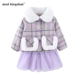 Mudkingdom meninas vestuário conjuntos moda inverno xadrez mais veludo colar de pele casaco malha retalhos vestido vestido princesa roupa 210615