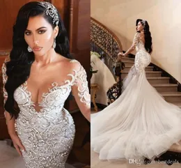 2022 Vestidos de noiva de sereia árabe de luxo dubai cristais brilhantes mangas compridas vestidos de noiva TRIME