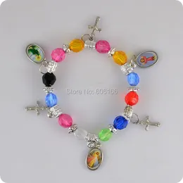 12x Multicolor Cross Charm Bransoletka Elastyczna Nadgarska Moda Katolicka Prawosławna Biżuteria Religijna