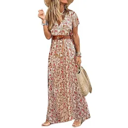 Boho Kobiety V Neck Krótki Rękaw Paisley Dress Print Pas Duża Hem Długie Suknie Letnie Noszenie plaży