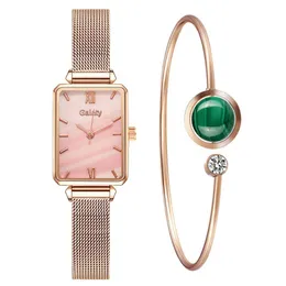 Relógios senhoras Moda Quadrado Quartz Watch Pulseira Definir simples Dial Verde Rose Gold Malha