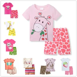 Różowa żyrafa Dziewczynek Ubrania Garnitury Cute Summer Dzieci Piżamy Zestawy Dziewczyna T-Shirt + Spodnie 2 sztuk Zestawy Bawełniane Strój Kid Pajamas 210413