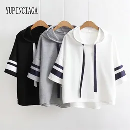 YUPINCIAGA Women Webbing Short Sleeves Loose Solid Color Hooded Striped Lace-up Pullover T-shirt Summer T shirt 210623