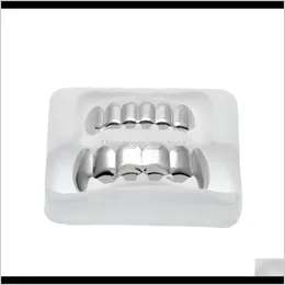 Grillz, 치과 그릴 바디 보석 드롭 배달 2021 Gold Sier Plated Hip Hop Grillz Top Bootom Groll Set Sile Vampire Teeth uhtga