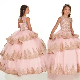 2021 Red Pink Lovely Flower Girls Dresses Jewel Neck Lace Appliques Tulle Crystal Beads Tiered Birthday Dress First Communion Girl Pageant Gowns