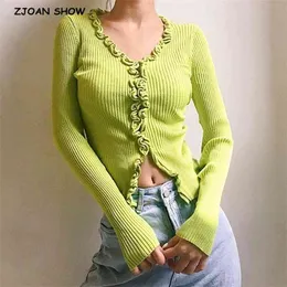 France Vintage Open Buttons V neck Long sleeve Wood ears Sweater Women Knitted Tight Jumper Front Slit Slim Cropped Cardigan 210429