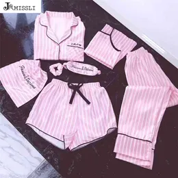 Jrmissli Pajamas Женщины 7 штуки розовые пайджамас комплекты сатин шелк сексуальное женское белье дома носить носить пижамы пижамы набор Pijama женщина 210831