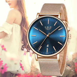 Mulheres relógios Lige Luxo Marca Moda Quartz Senhoras Relógio Vestido Relógio de Pulso Simples Relógio Azul Relogio Feminino + Caixa 210527