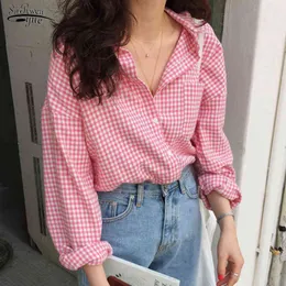 Autumn Pink Plaid Single-Breasted Shirt Women Casual Long Sleeve Plus Size Blouse Women Loose Cardigan Ladies Tops 10966 210518