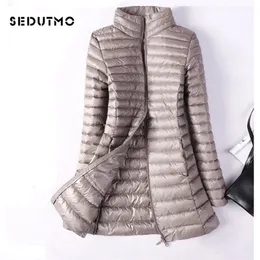 SEDUTMO 겨울 여성 다운 재킷 울트라 라이트 오리 코트 긴 복어 재킷 슬림 블랙 파크스 ED037 211216