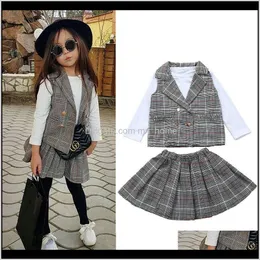 Sets Baby Clothing Baby Maternity Drop Delivery 2021 Girls Suit Long Sleeve Tops Tshirt Plaid Vest Mini Skirt Party Formal School Kids Clothe