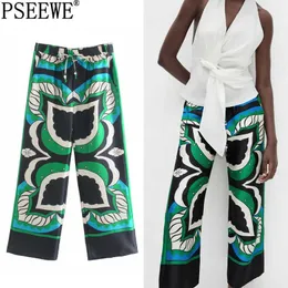 PSEEWE Za Women Pants Green Wide Leg Pant Summer 2021 Vintage Print High Waist Woman Trousers Streetwear Casual Loose Pants Sets Q0801