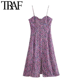 TRAF Mulheres Chic Moda Floral Impressão Slit Midi Vestido Vintage V Pescoço Com Forro Fino Correias Femininas Vestidos Mujer 210415