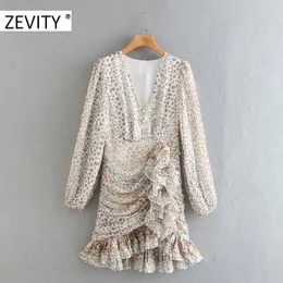 Zevity Kobiety V Neck Leopard Drukuj Asymetryczne plisowane Wzburzyć Mini Sukienka Kobieta Latarnia Rękaw Szyfonowy Vestido Sukienki Chic DS4461 210603