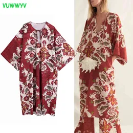 Vuwwyv mulher vestido vermelho impressão plus size midi mulheres manga comprida vintage camisa saindo vestidos amarrado 210430