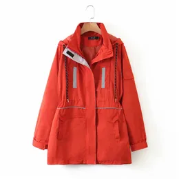 Sonbahar Rahat kadın Kapşonlu İpli Kırmızı Ceketler Moda Lady Bel Cepler Fermuar Dış Giyim Ceket Femme Veste 210421