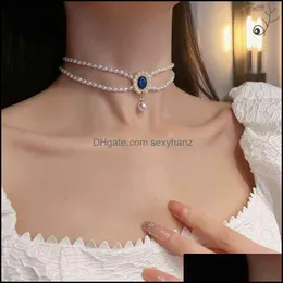 Hänge halsband hängsmycken smycken koreansk version elegant deign dubbel lager blå halsband halskedja temperament mode utsökta pärlor c