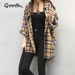 Qooth xadrez retro Plus Size Camisa Mid-Comprimento Verão All Match Manga Comprida Único Causal Solto QT761 210609