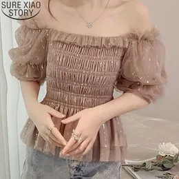 Chic coreano puff manga chiffon blusa mulheres verão doce malha tops temperamento colarinho quadrado camisa de fada 14469 210527