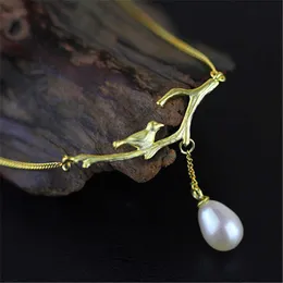 Lotus Fun Real 925 Sterling Silver Natural Pearl Handgjord Fine Smycken Novelty Bird Halsband med Hänge för Kvinnor Collier