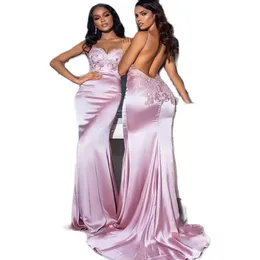 Pink Spaghetti Straps Black Girls Prom Dresses With Lace Sexy Backless Satin Long Night Party Evening Dress Mermaid Formal Wear Engament Robes De Soriee