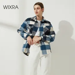 Wixra Womens Plaid Shirt Jacket Coat Ladies Fickor Tjock Turn Down Collar Plus Storlek Kvinna Ytterkläder 210804