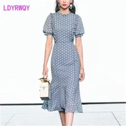 Ldyrwqy 여름 여성용 폴카 포인트 쉬폰 슬림 스커트 반팔 쇼 얇은 드레스 210416