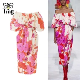 Tingfly Runway Design Blumendruck Tie Dye Kleid Freizeitkleid Elastische Taille Sexy Slash Neck Midi Kleid Sommer Boho Chic Vestidos 210331