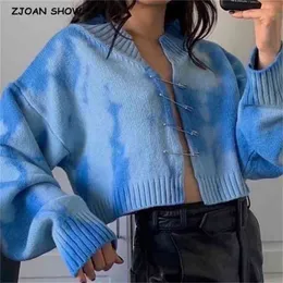 Korea Stil Vintage blaue Krawatte Farbstoff Big Pin Cardigan Pullover Sexy V-Ausschnitt Langarm Lose Kurze Jumper Coll Mädchen Streetwear 210429